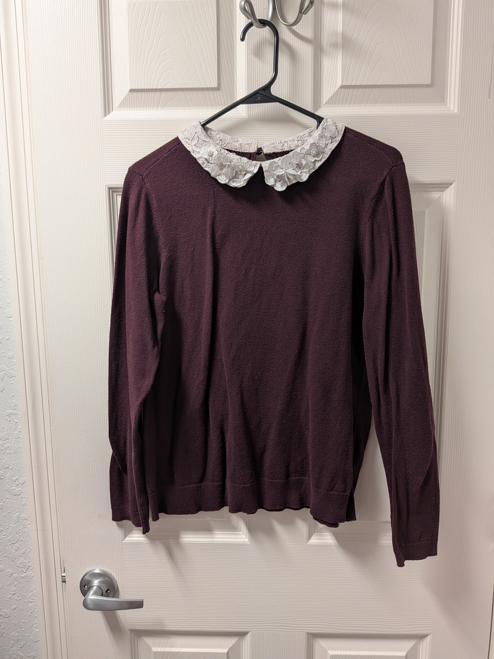 Elle Plum Long-Sleeve Sweater with White Lace Peter Pan Collar